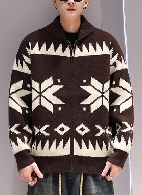 Jacquard Coffee Zip Up Cozy Knit Mens Coat Spring