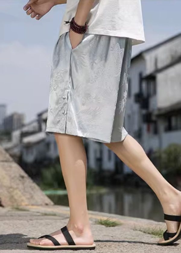 Jacquard Grey Button Side Open Elastic Waist Ice Silk Men Shorts Summer - Image 5