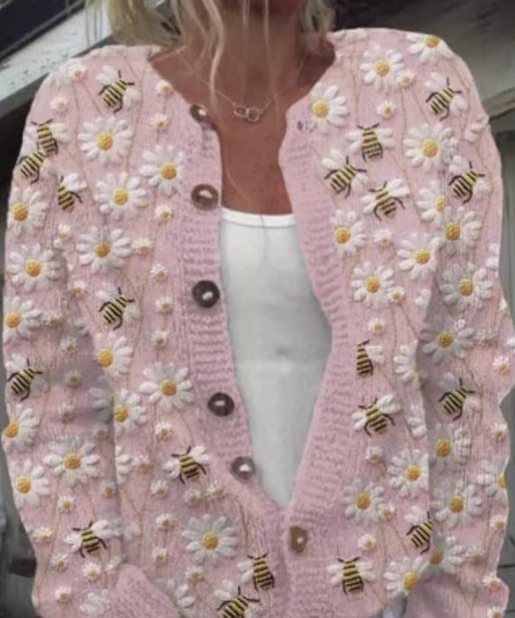 Jacquard Pink Button Cozy Knit Cardigan Spring