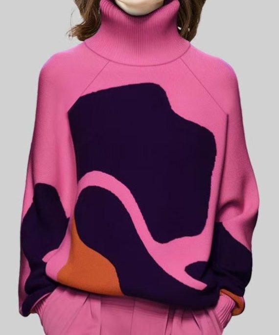 Jacquard Rose Turtleneck Cozy Knit Sweater Spring