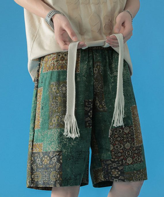 Japanese Style Green Print Beach Vacation Men's Shorts Summer