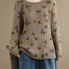 Khaki Butterfly Print Cotton Knit Sweater O Neck Spring