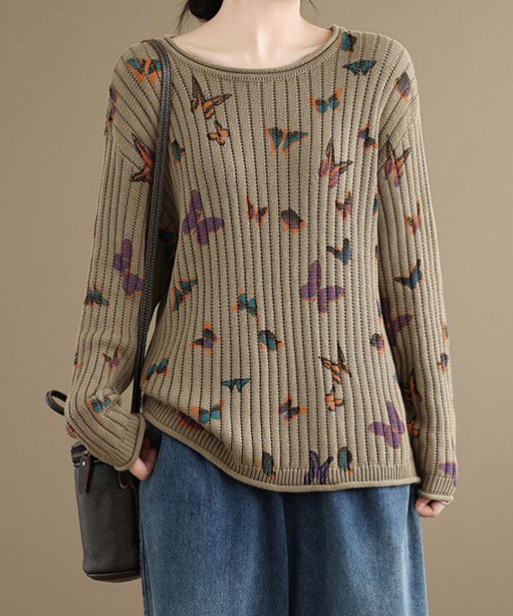 Khaki Butterfly Print Cotton Knit Sweater O Neck Spring
