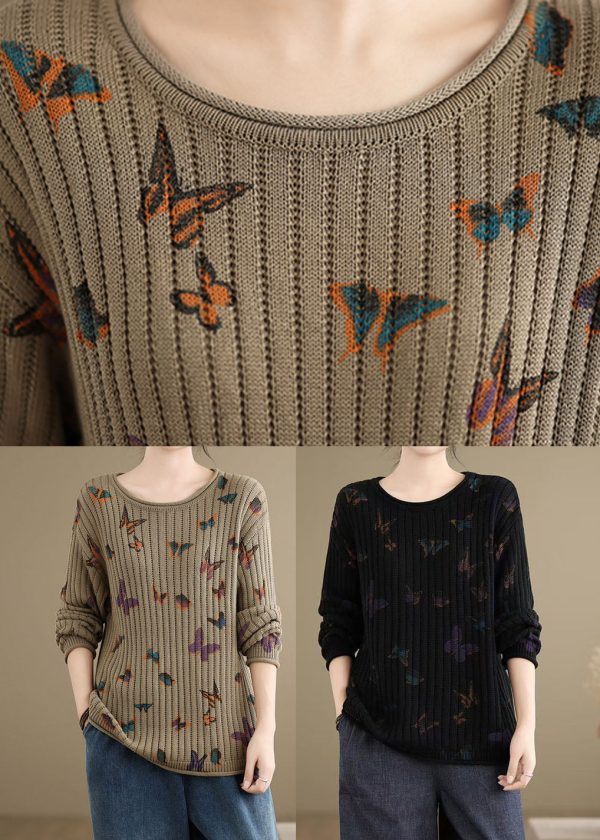 Khaki Butterfly Print Cotton Knit Sweater O Neck Spring - Image 4