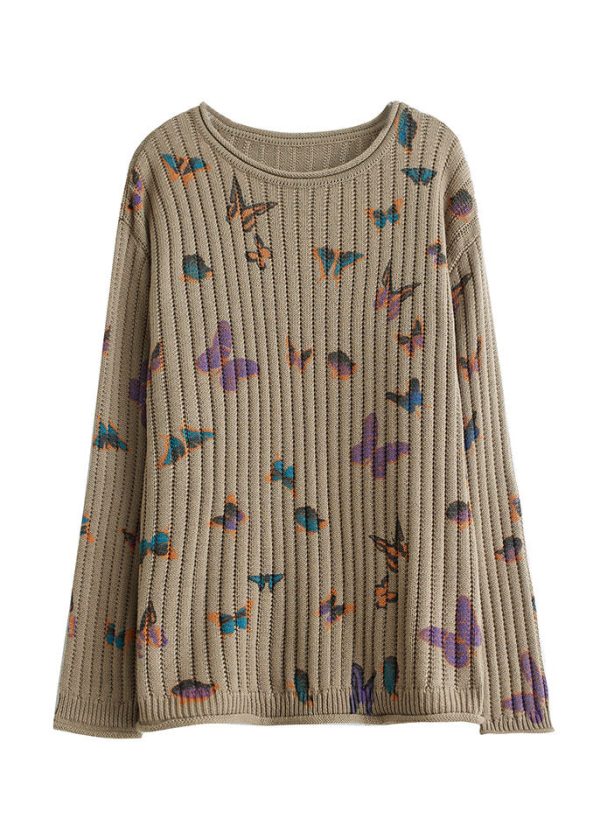Khaki Butterfly Print Cotton Knit Sweater O Neck Spring - Image 5