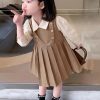 Khaki Patchwork Cotton Girls Dresses Peter Pan Collar Long Sleeve