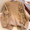 Khaki Patchwork Knit Short Sweater Three Dimensional Flowers Spring