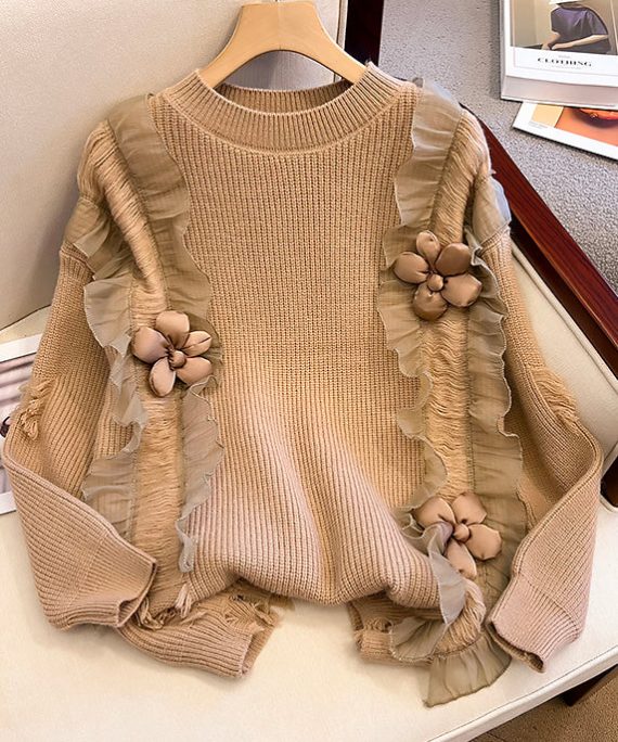 Khaki Patchwork Knit Short Sweater Three Dimensional Flowers Spring