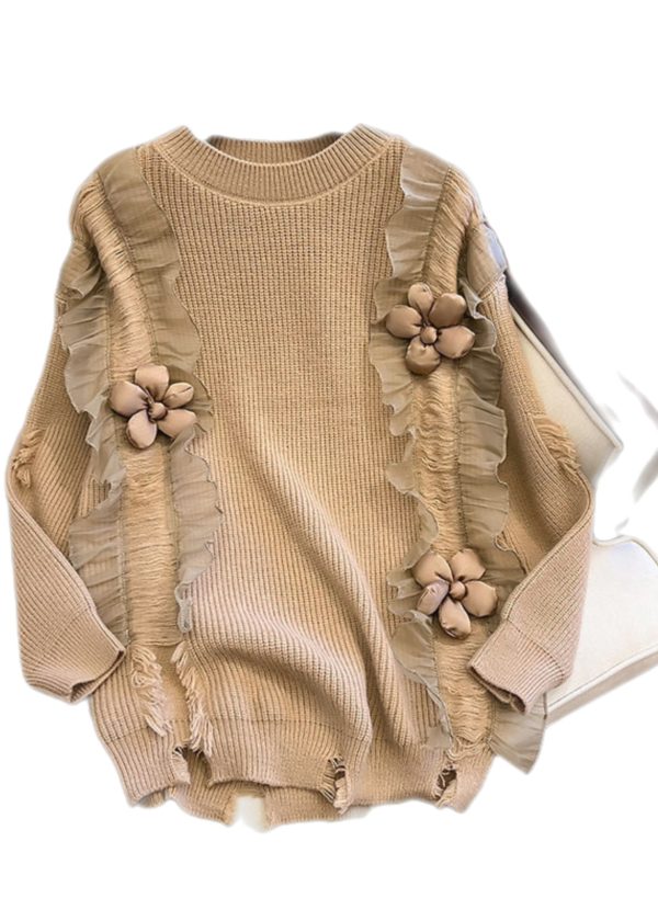 Khaki Patchwork Knit Short Sweater Three Dimensional Flowers Spring - Image 5