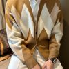 Khaki Plaid Cozy Knit Men Coats V Neck Spring