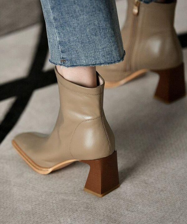 Khaki zippered Faux Leather Boots High Heels - Image 2