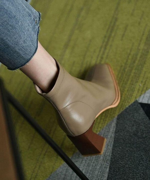Khaki zippered Faux Leather Boots High Heels - Image 3