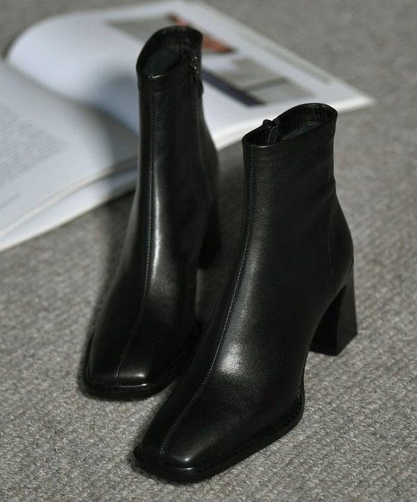 Khaki zippered Faux Leather Boots High Heels - Image 4