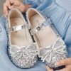 Kids Girls Buckle Strap Princess Flat Shoes For Silver Faux Leather Zircon
