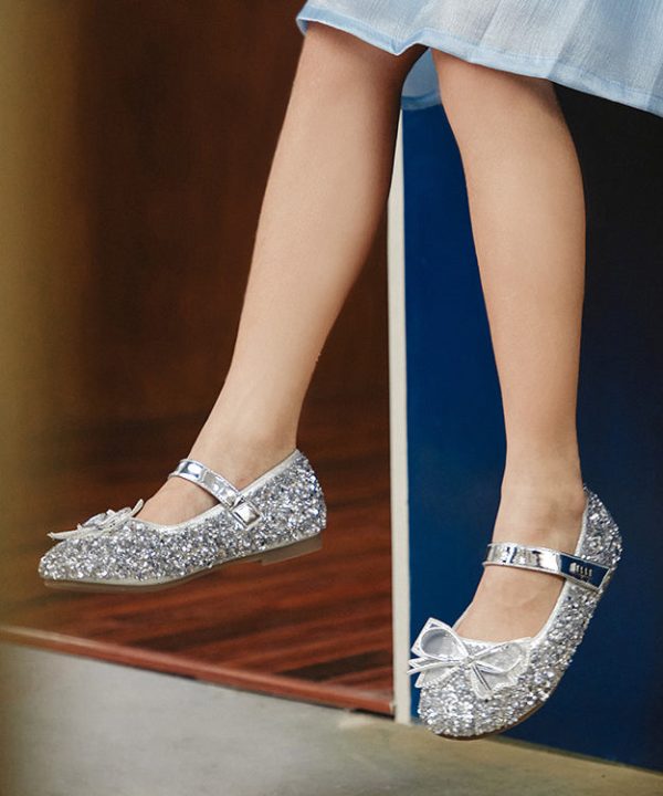 Kids Girls Buckle Strap Princess Flat Shoes For Silver Faux Leather Zircon - Image 2