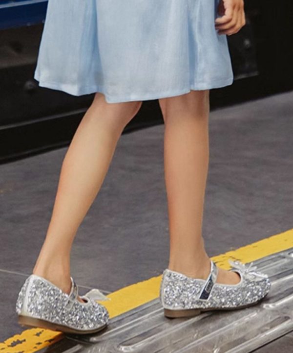 Kids Girls Buckle Strap Princess Flat Shoes For Silver Faux Leather Zircon - Image 3