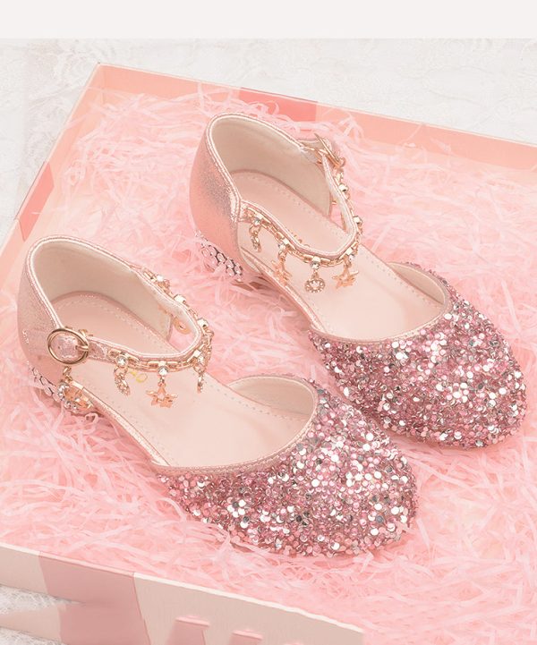 Kids Girls Faux Leather Princess Flats Buckle Strap Silver Zircon - Image 2