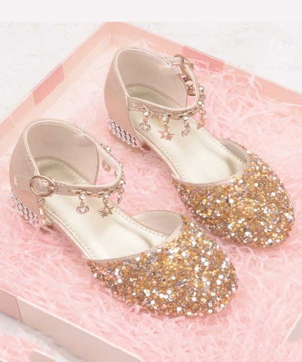 Kids Girls Faux Leather Princess Flats Buckle Strap Silver Zircon - Image 3