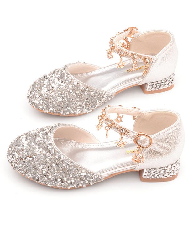 Kids Girls Faux Leather Princess Flats Buckle Strap Silver Zircon - Image 4