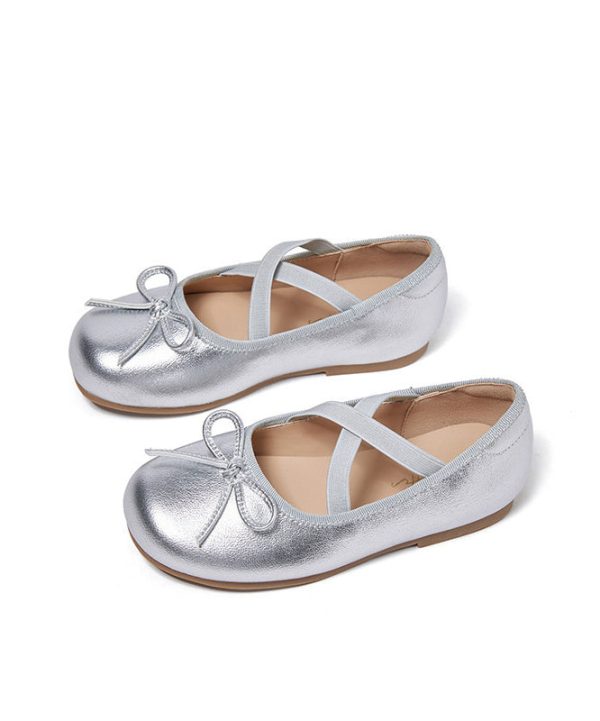 Kids Girls Silver Bow Cross Strap Princess Flat Shoes - Image 5