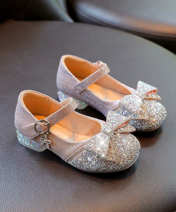 Kids Girls Silver Buckle Strap Bow Zircon Flat Shoes Faux Leather - Image 2