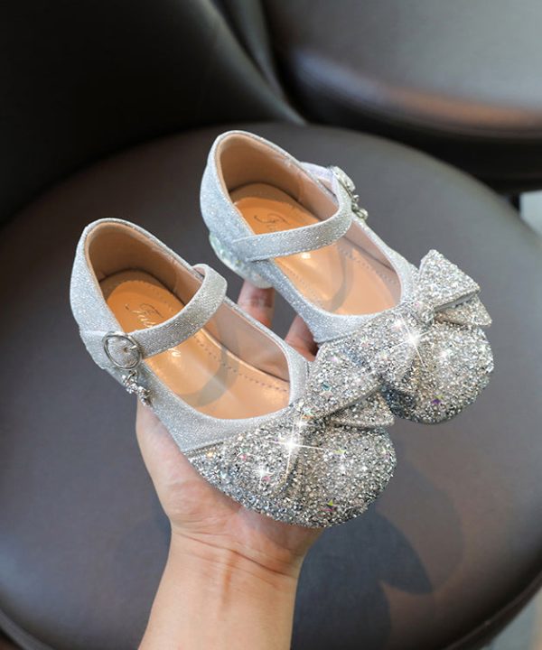 Kids Girls Silver Buckle Strap Bow Zircon Flat Shoes Faux Leather - Image 3