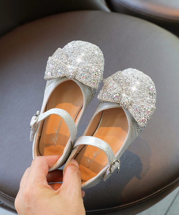 Kids Girls Silver Buckle Strap Bow Zircon Flat Shoes Faux Leather - Image 4