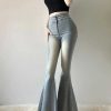 Light Blue Denim Bell-bottom Trousers Pants Tummy Control Spring