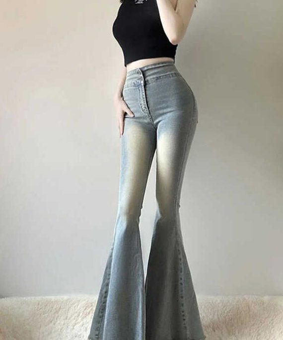 Light Blue Denim Bell-bottom Trousers Pants Tummy Control Spring