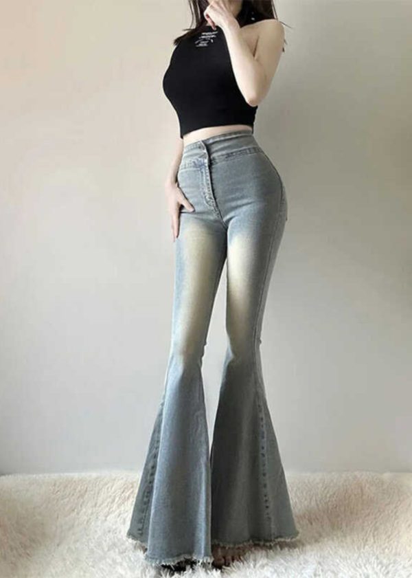 Light Blue Denim Bell-bottom Trousers Pants Tummy Control Spring - Image 3