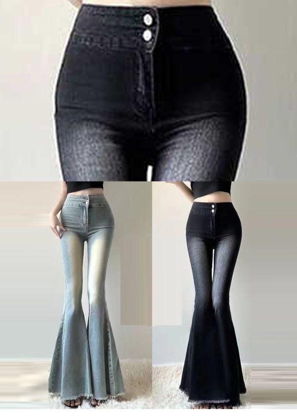 Light Blue Denim Bell-bottom Trousers Pants Tummy Control Spring - Image 5