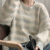 Light Blue Striped Cozy Mink Velvet Sweaters O Neck Spring