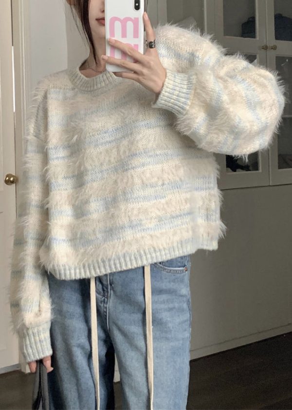 Light Blue Striped Cozy Mink Velvet Sweaters O Neck Spring - Image 2