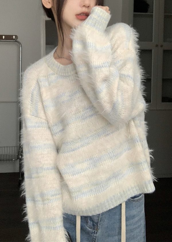 Light Blue Striped Cozy Mink Velvet Sweaters O Neck Spring - Image 3
