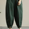 Literary loose green color wild large size elastic waist nine-point harem pants