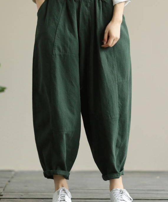 Literary loose green color wild large size elastic waist nine-point harem pants