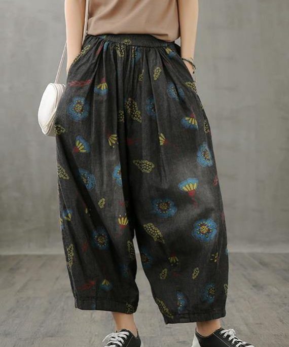 Literary plus size wide-leg pants 2025 autumn new thin yellow printed straight-leg pants