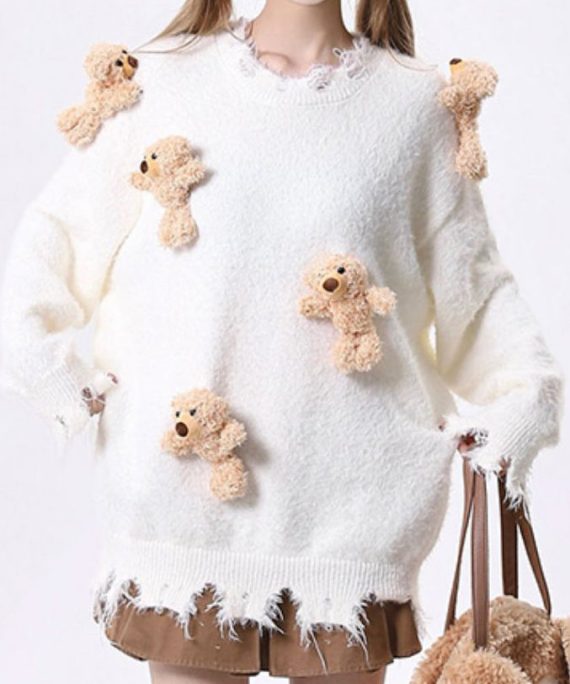 Loose Apricot O Neck Cartoon Decorated Ripped Knit Sweaters Spring