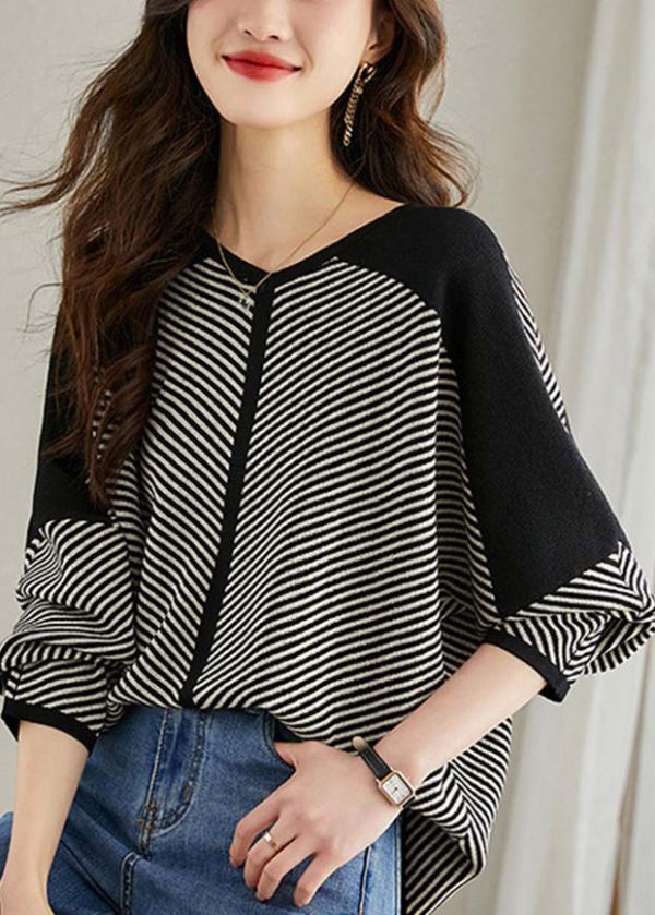 Loose Apricot Striped Patchwork Knit Sweaters V Neck Spring - Image 2