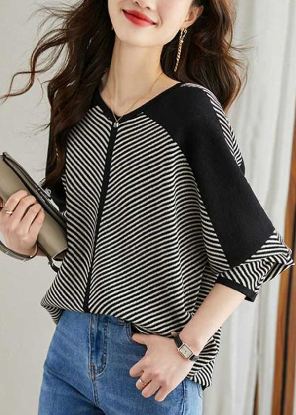 Loose Apricot Striped Patchwork Knit Sweaters V Neck Spring - Image 5