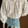 Loose Beige Embroidered Tasseled Lace Up Cotton Blouses Bracelet Sleeve