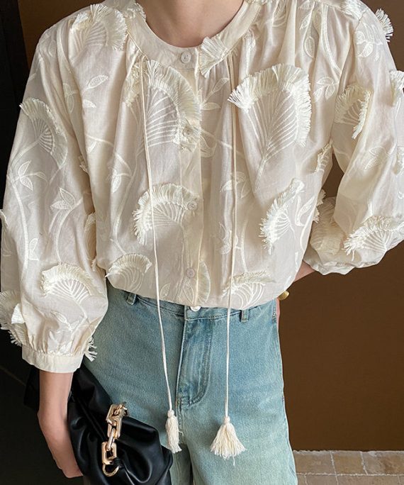 Loose Beige Embroidered Tasseled Lace Up Cotton Blouses Bracelet Sleeve