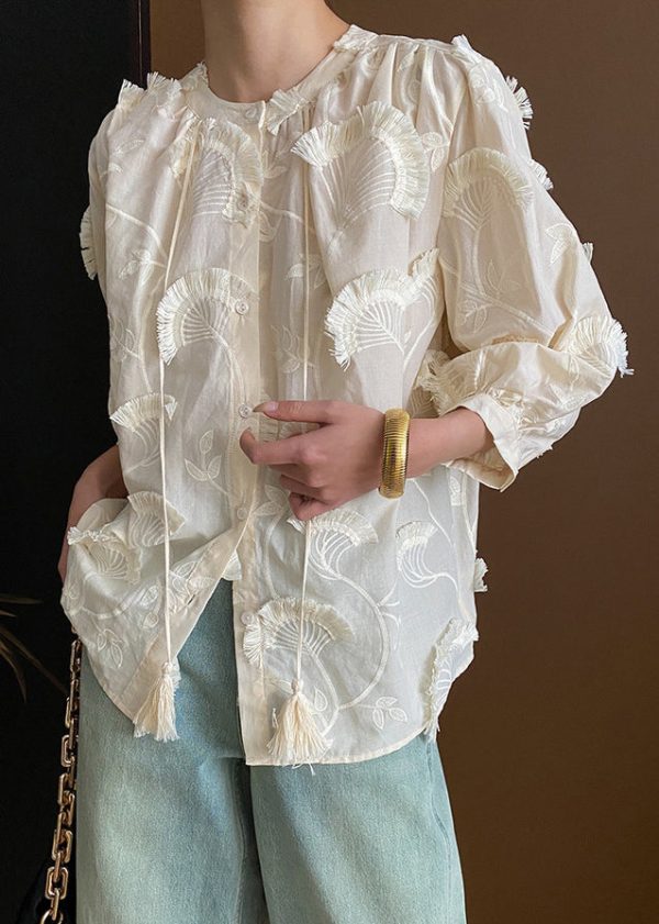 Loose Beige Embroidered Tasseled Lace Up Cotton Blouses Bracelet Sleeve - Image 3