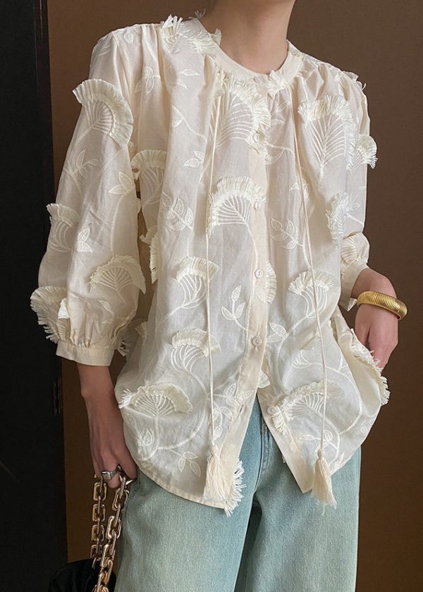 Loose Beige Embroidered Tasseled Lace Up Cotton Blouses Bracelet Sleeve - Image 4