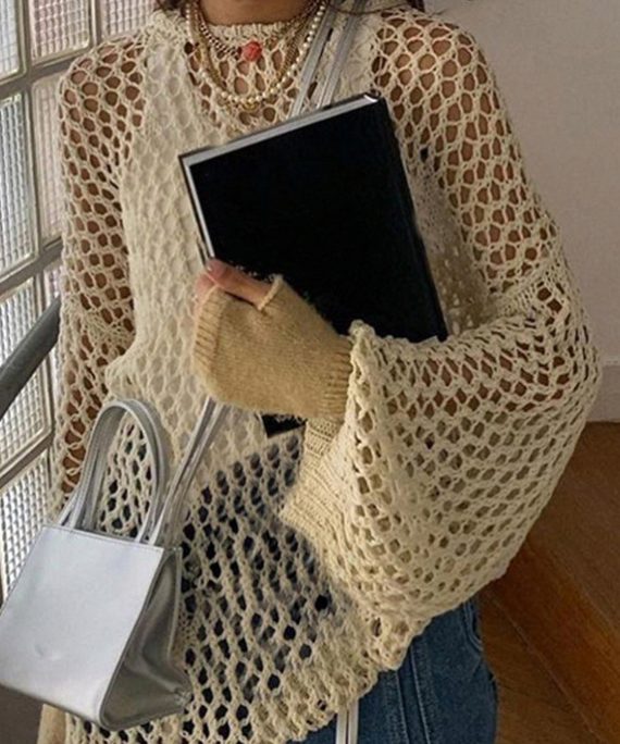 Loose Beige Hollow Out Solid Knit Sweater Summer
