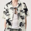 Loose Beige Peter Pan Collar Print Pockets Mens Shirts Summer