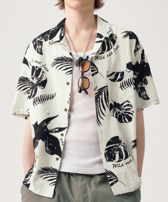 Loose Beige Peter Pan Collar Print Pockets Mens Shirts Summer