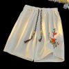 Loose Beige Print Pockets Lace Up Cotton Men Beach Shorts Summer