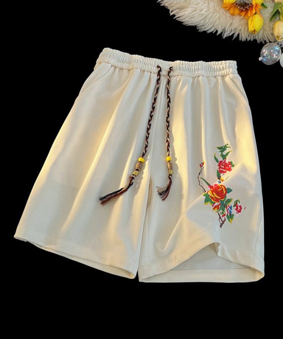 Loose Beige Print Pockets Lace Up Cotton Men Beach Shorts Summer