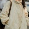 Loose Beige Ruffled Pockets Fine Cotton Filled Coat Lantern Sleeve